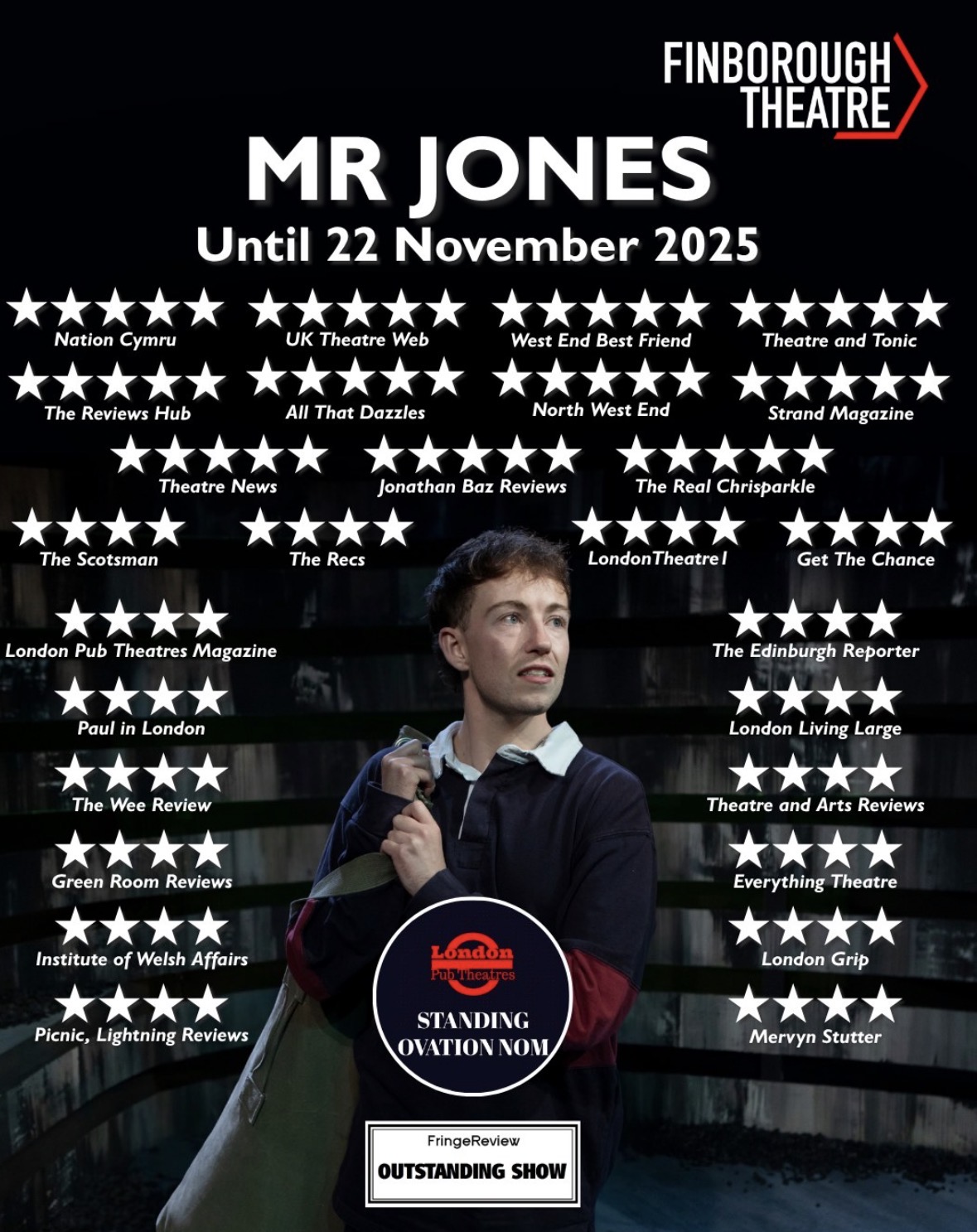 Mr Jones production poster featuring reviews and Liam Holmes